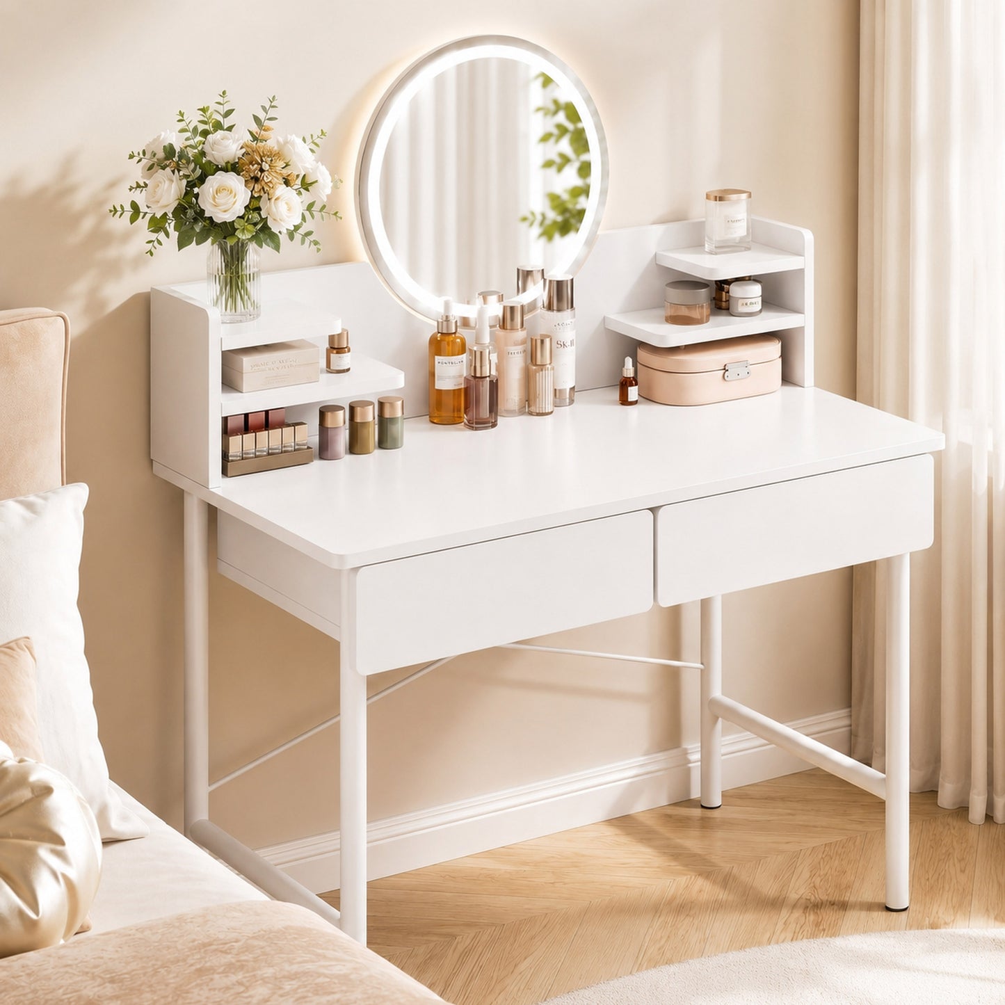 Luxe LED White Makeup Vanity Dressing Table Mirror Drawers Shelves