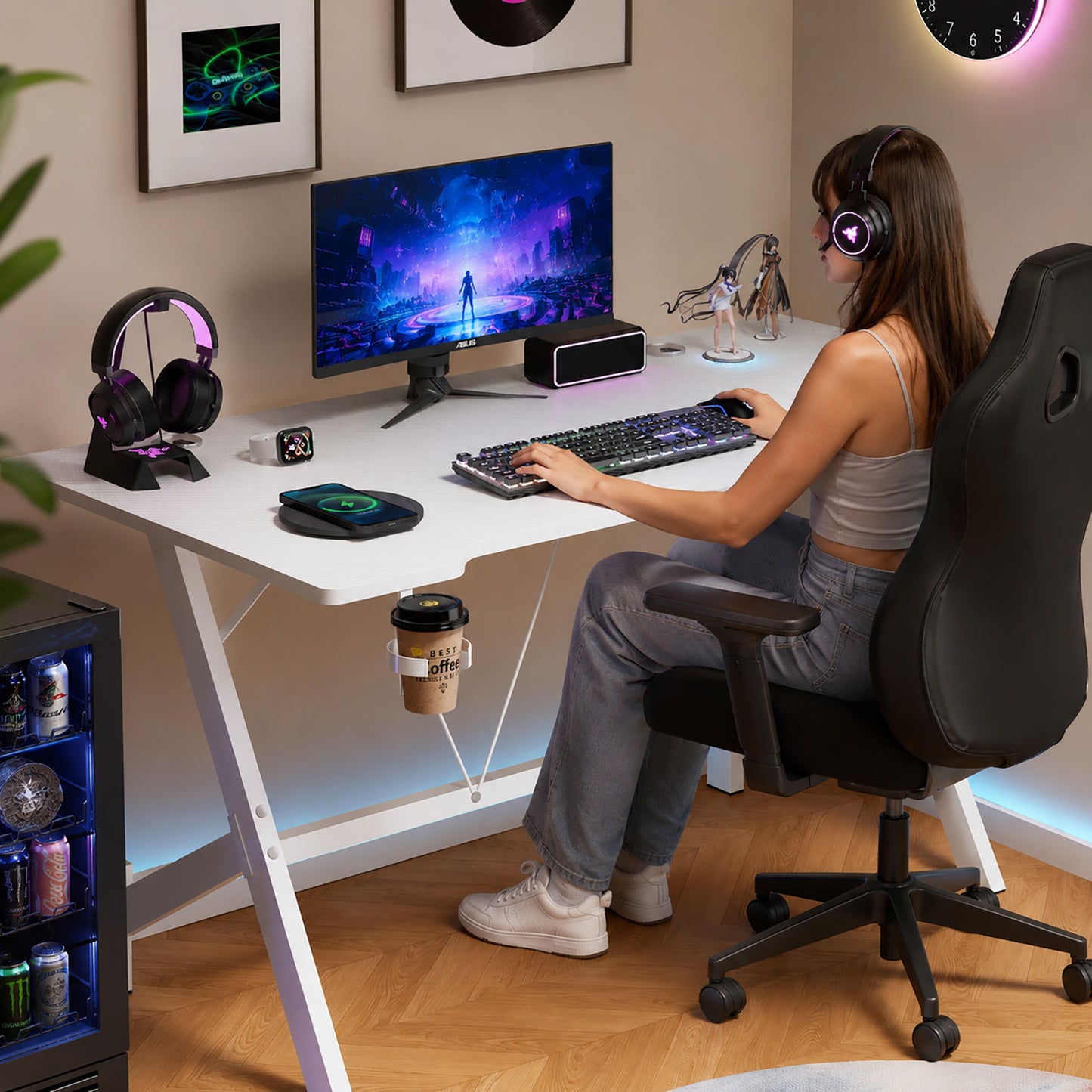 Ergonomic Gaming Desk Computer Table White 110cm