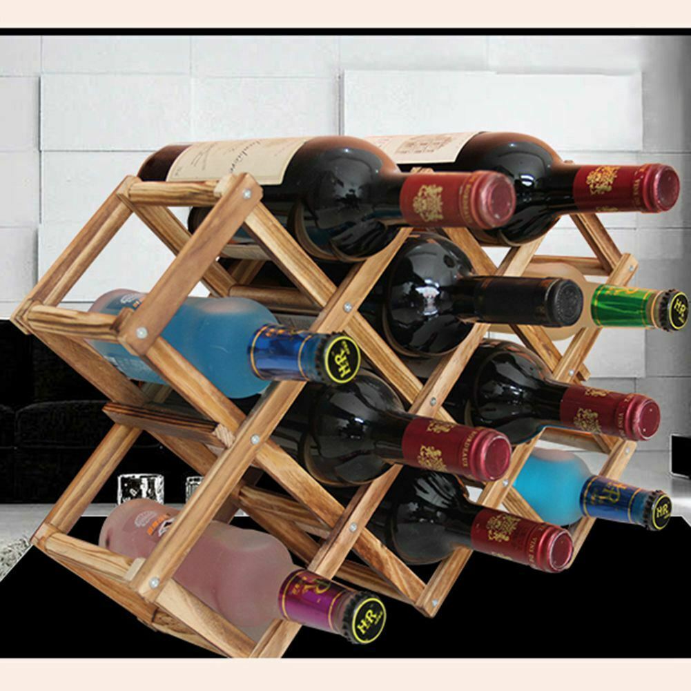 Wooden Wine Rack 10 Bottle Organiser Folding Holder Bar Display Shelf