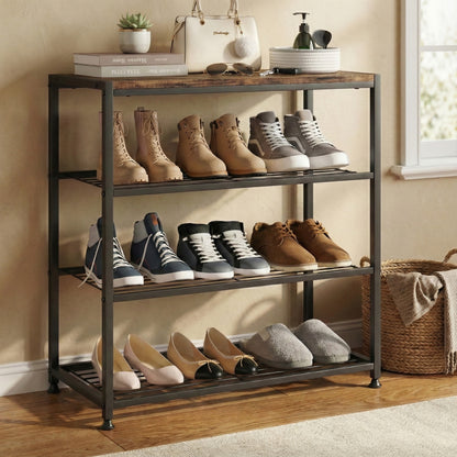 Vita 4-Tier Rustic Wood & Metal Shoe Rack Storage Shelf Organiser