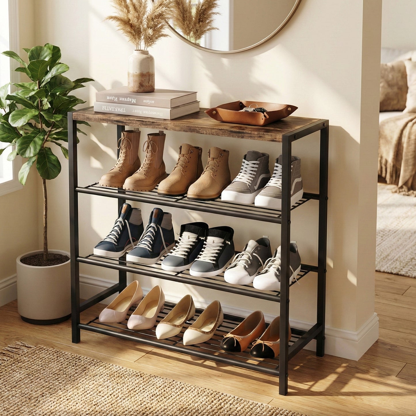 Vita 4-Tier Rustic Wood & Metal Shoe Rack Storage Shelf Organiser