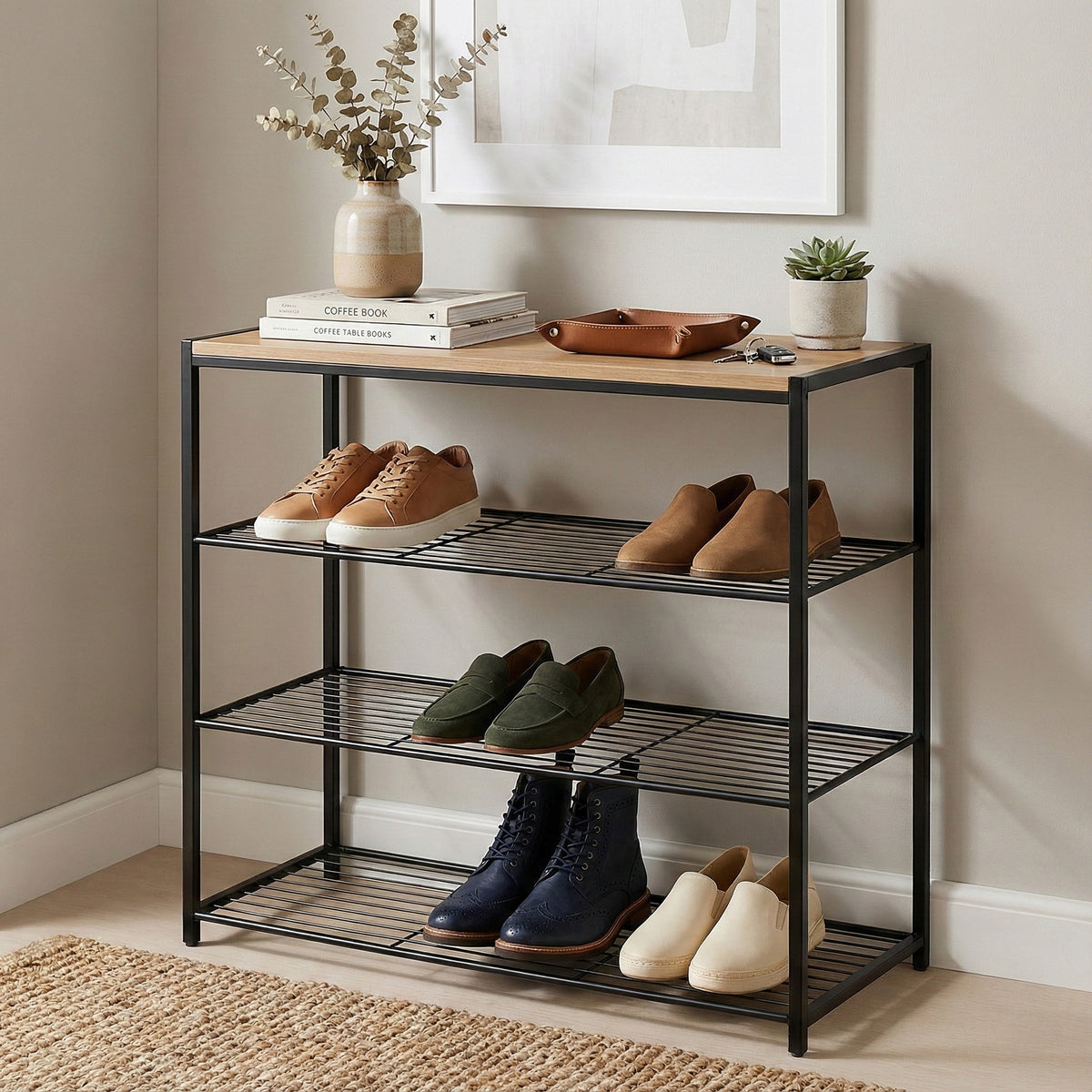 Vita 4-Tier Wood & Metal Shoe Rack Storage Shelf Organiser (Rustic Oak