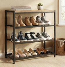 Vita 4-Tier Wood & Metal Shoe Rack Storage Shelf Organiser (Rustic Oak)