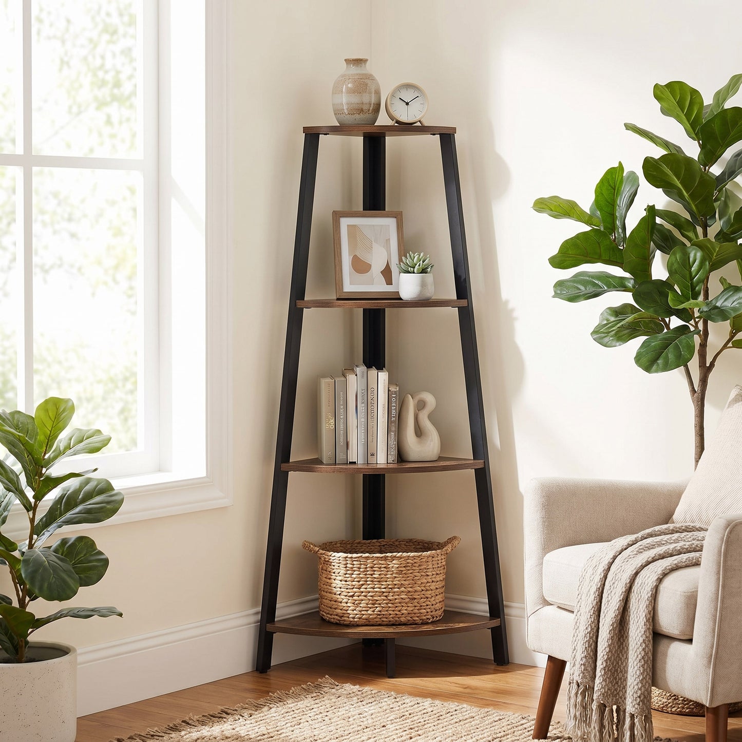 4-Tier Corner Ladder Shelf Unit Rustic Wood & Steel Display Stand Storage Rack