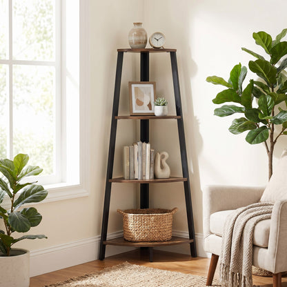 4-Tier Corner Ladder Shelf Unit Rustic Wood & Steel Display Stand Storage Rack