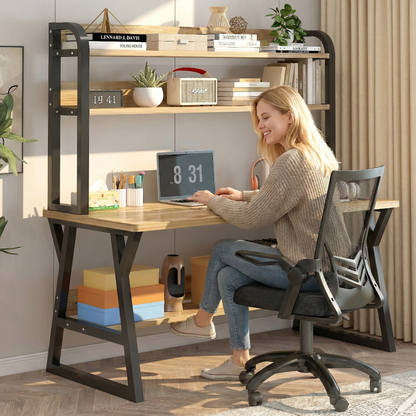 Aspire Large Industrial Office Computer Desk Workstation with Bookshelf (Oak)