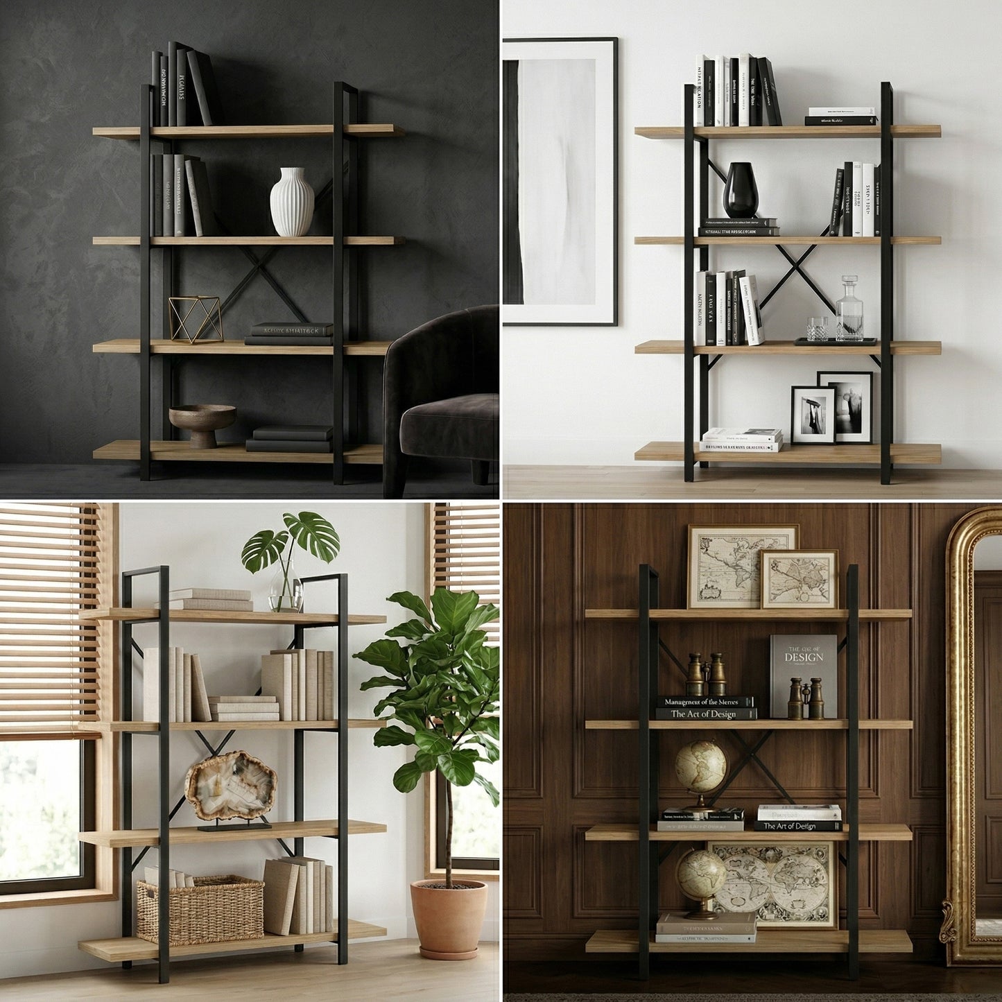 Envision Rustic Oak 4-Tier Bookcase Storage Shelf Organizer