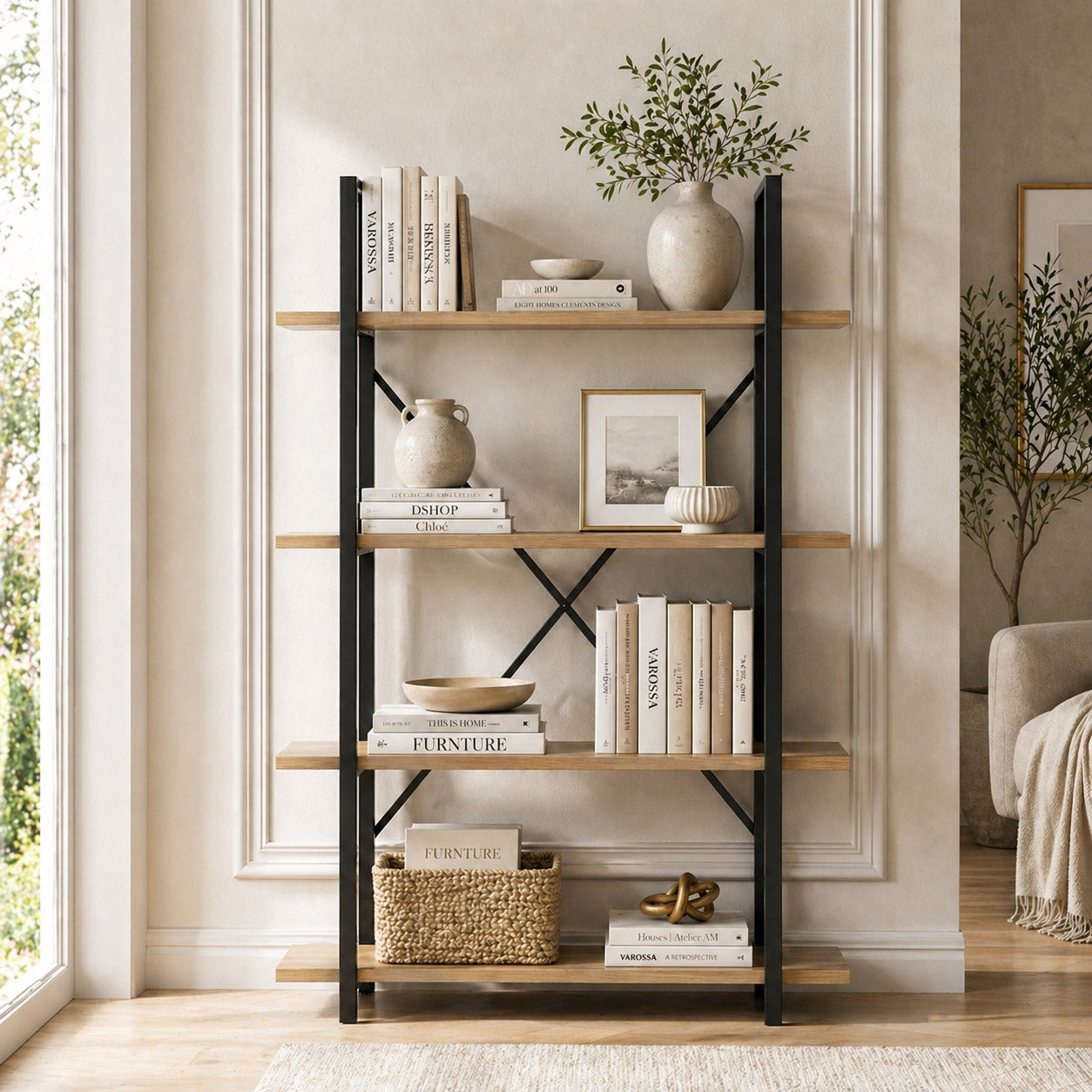 Envision Rustic Oak 4-Tier Bookcase Storage Shelf Organizer