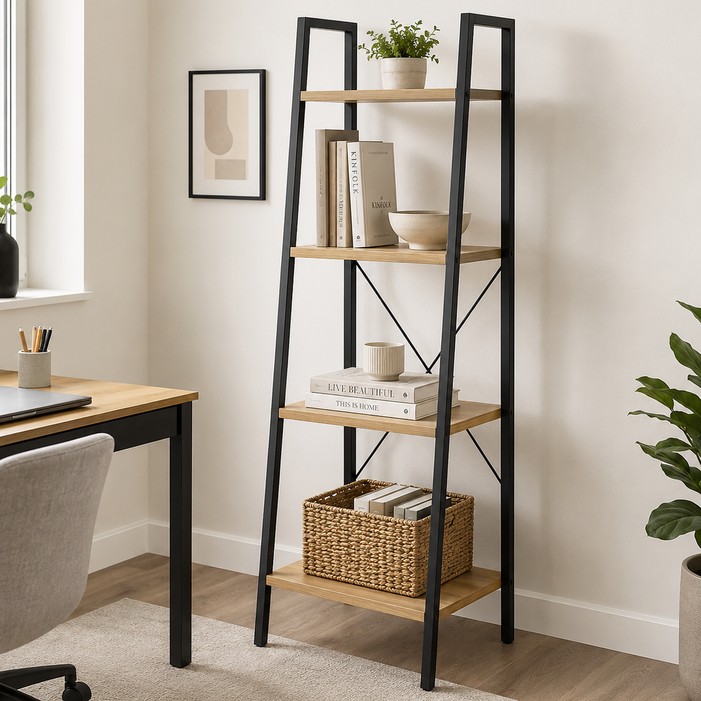 Ladder shelf with books and a basket in a home office setting