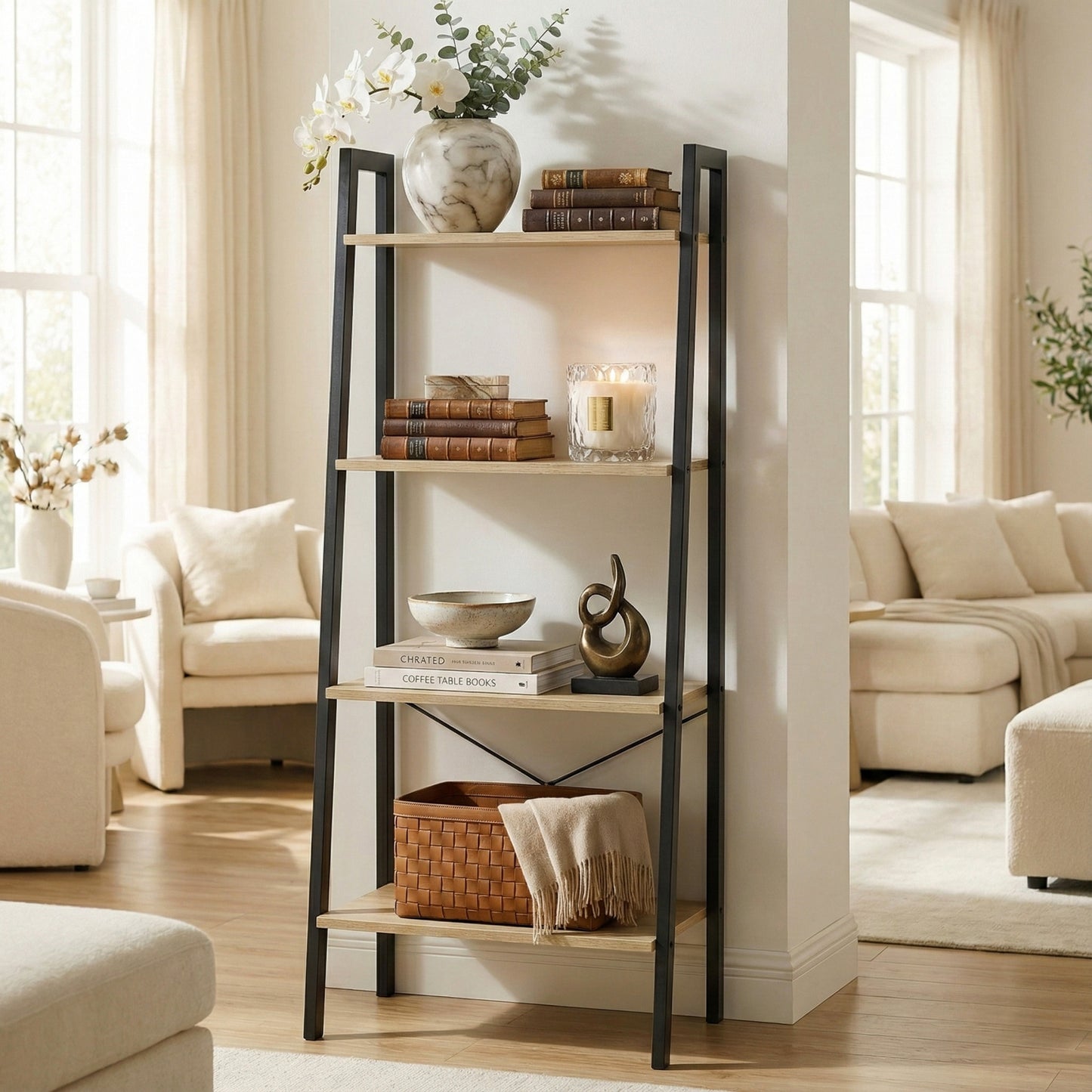 Elevate Rustic Oak 4-Tier Ladder Shelf Wood & Metal Bookcase Storage Organizer