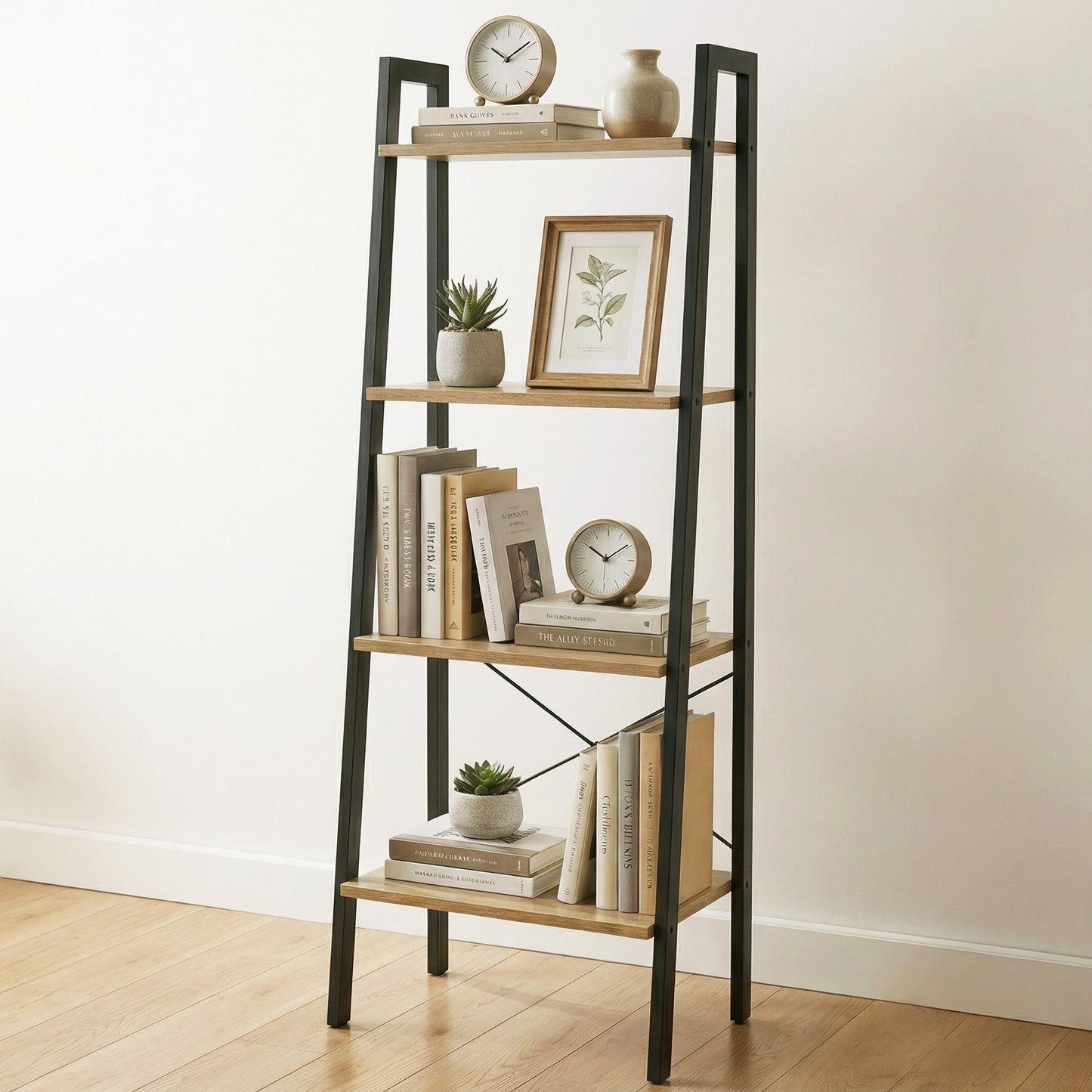 Elevate Rustic Oak 4-Tier Ladder Shelf Wood & Metal Bookcase Storage Organizer