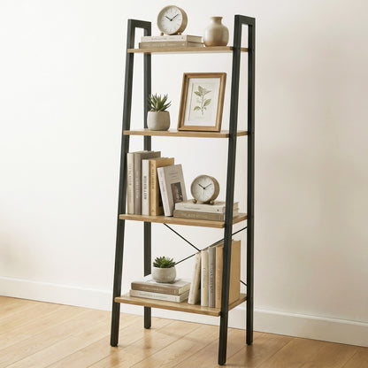 Elevate Rustic Oak 4-Tier Ladder Shelf Wood & Metal Bookcase Storage Organizer
