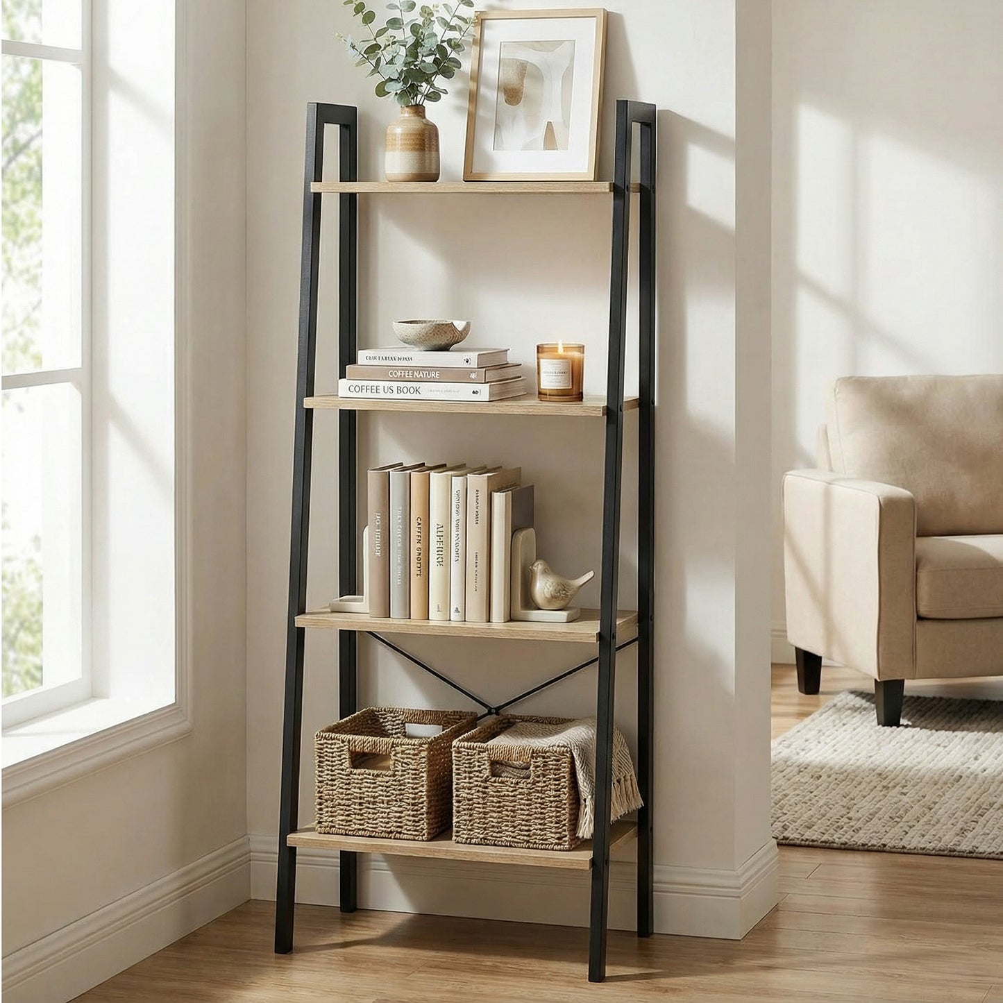 Elevate Rustic Oak 4-Tier Ladder Shelf Wood & Metal Bookcase Storage Organizer