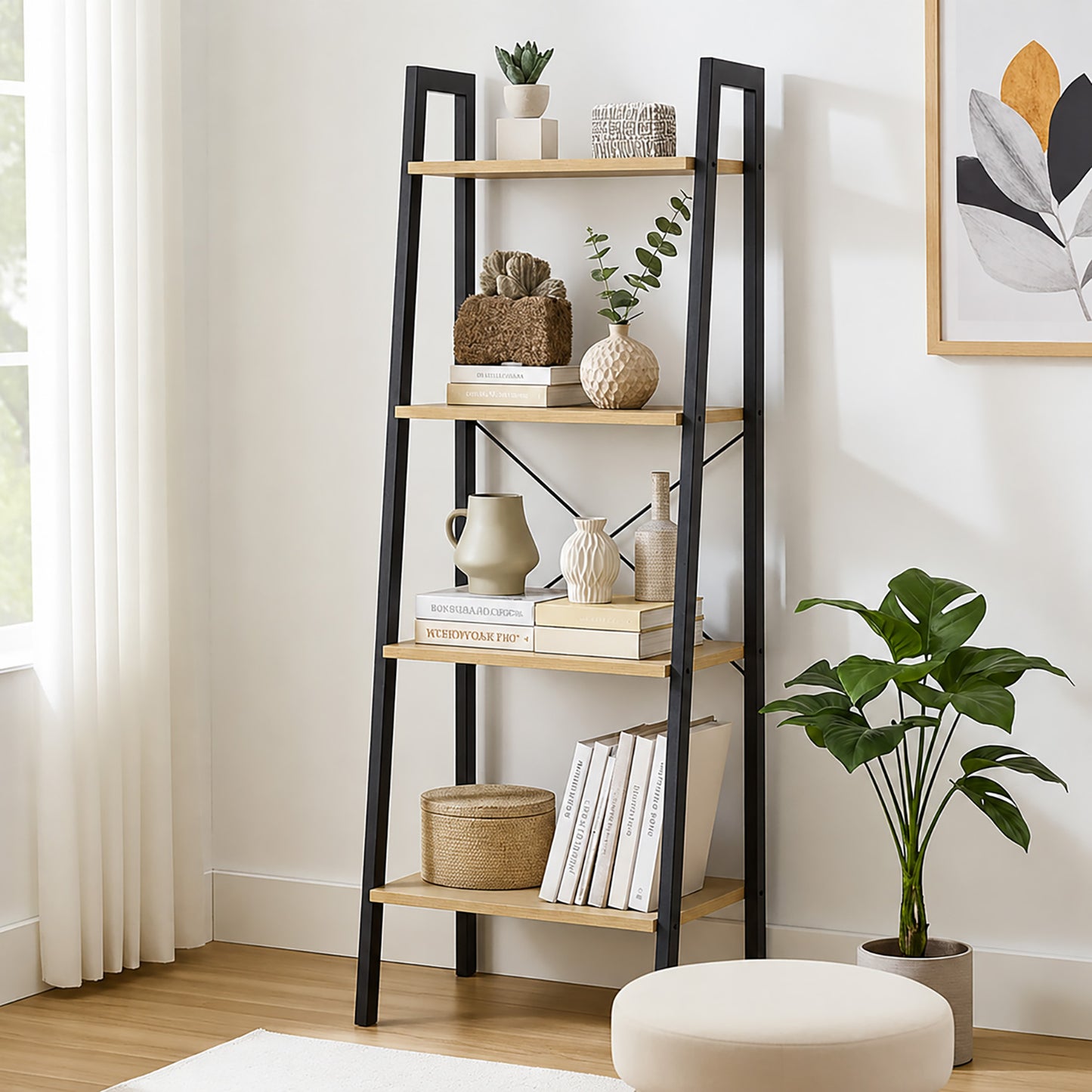 Elevate Rustic Oak 4-Tier Ladder Shelf Wood & Metal Bookcase Storage Organizer