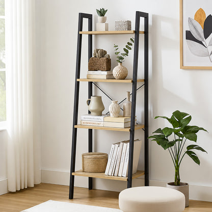 Elevate Rustic Oak 4-Tier Ladder Shelf Wood & Metal Bookcase Storage Organizer
