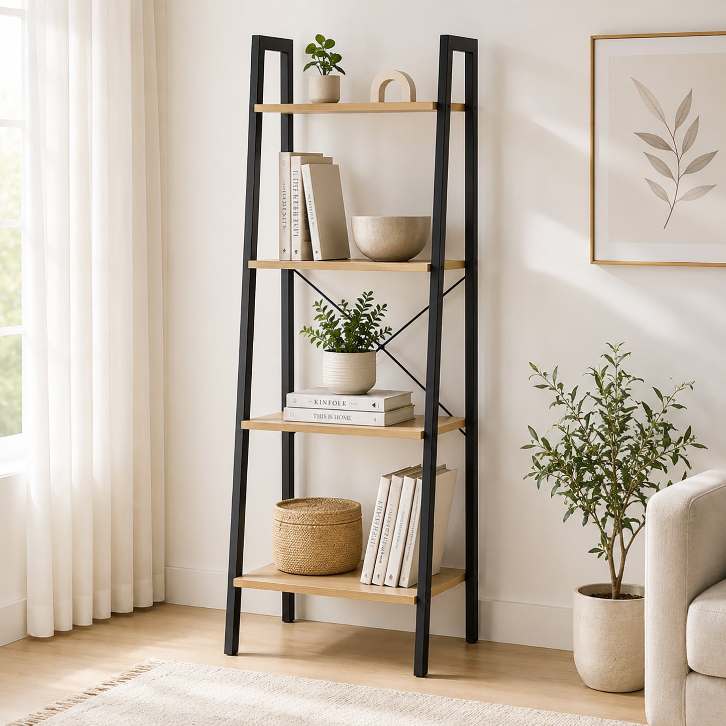 Elevate Rustic Oak 4-Tier Ladder Shelf Wood & Metal Bookcase Storage Organizer