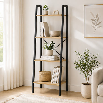 Elevate Rustic Oak 4-Tier Ladder Shelf Wood & Metal Bookcase Storage Organizer