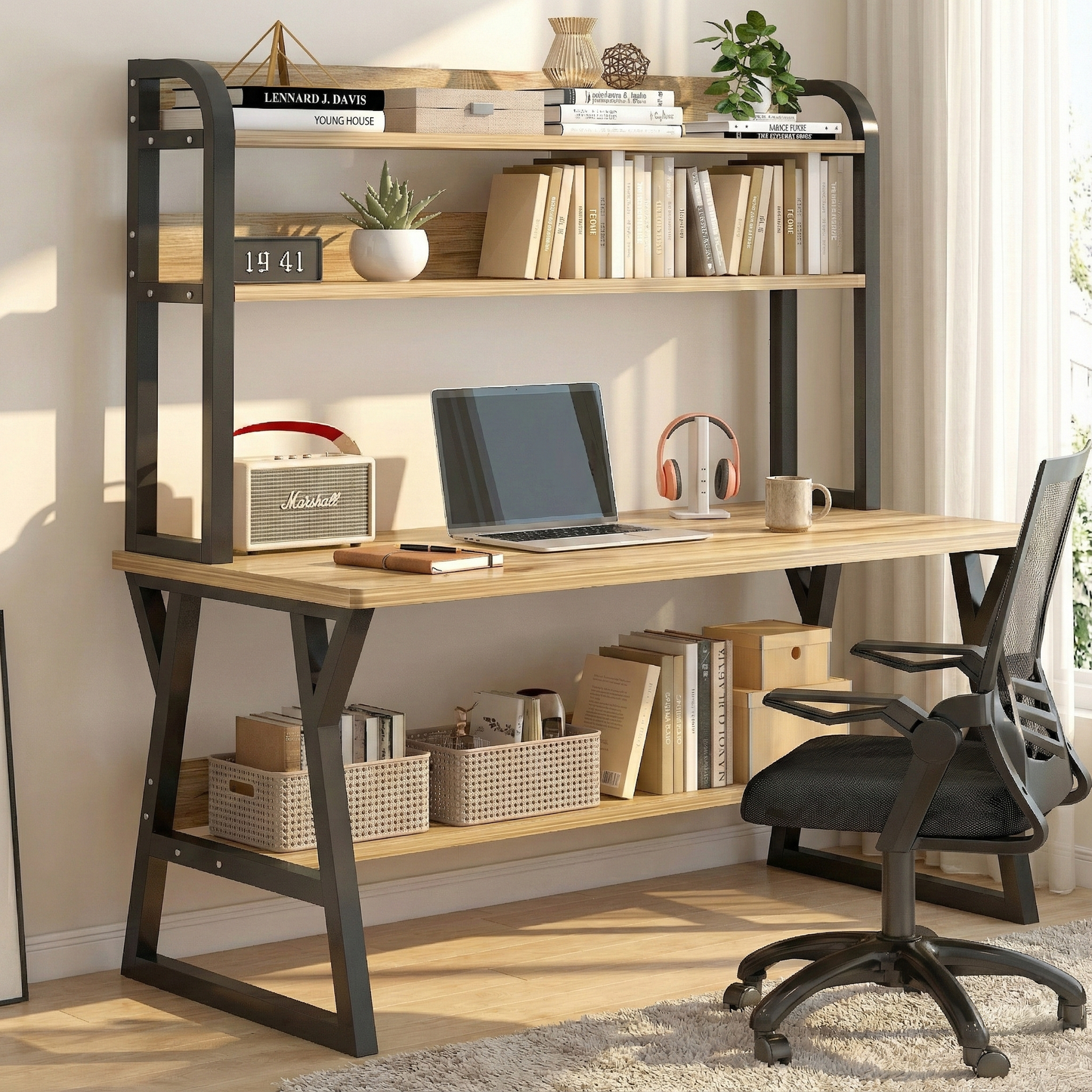 Aspire Large Industrial Office Computer Desk Workstation with Bookshelf (Oak)