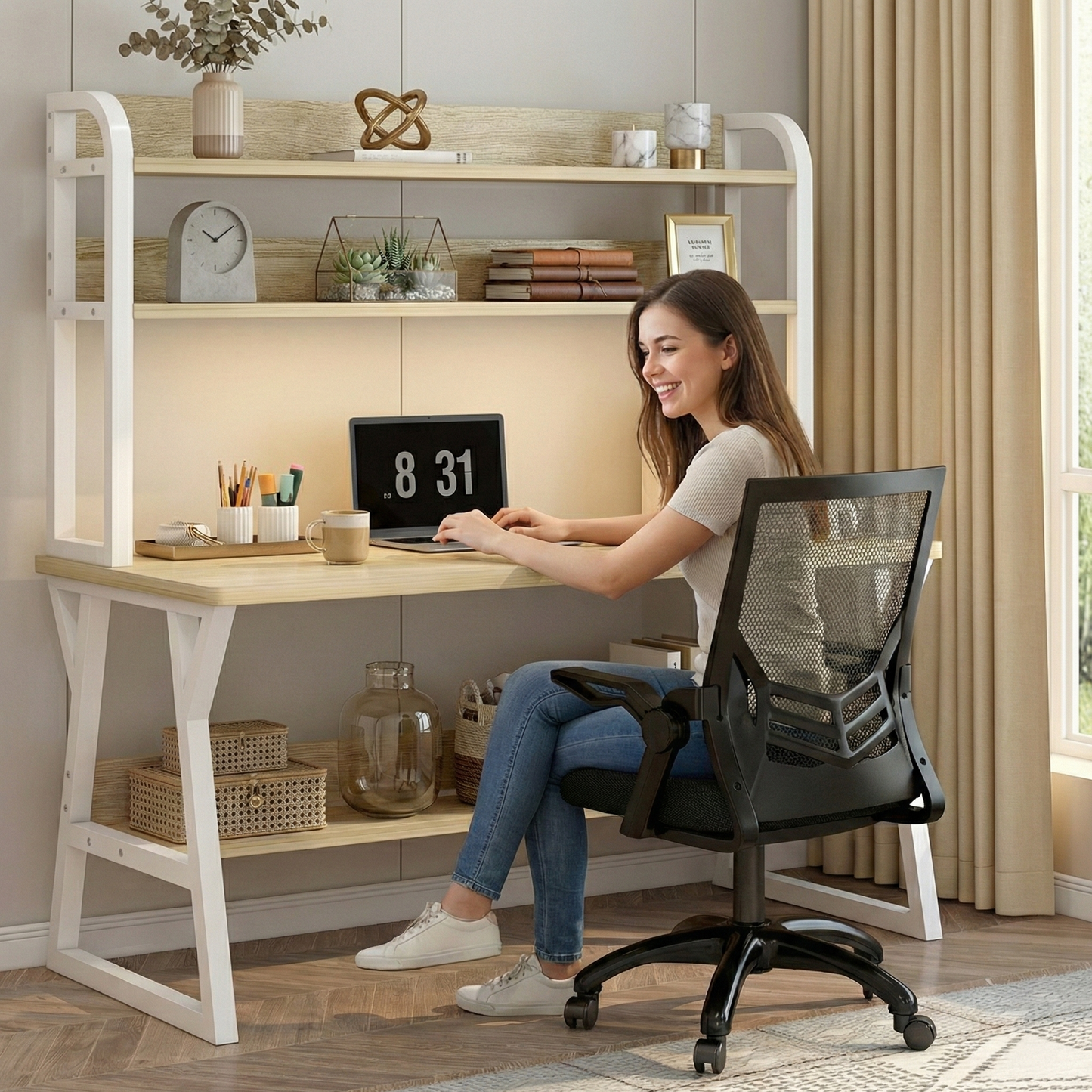 Aspire Large Industrial Office Computer Desk Workstation with Bookshelf (White Oak)