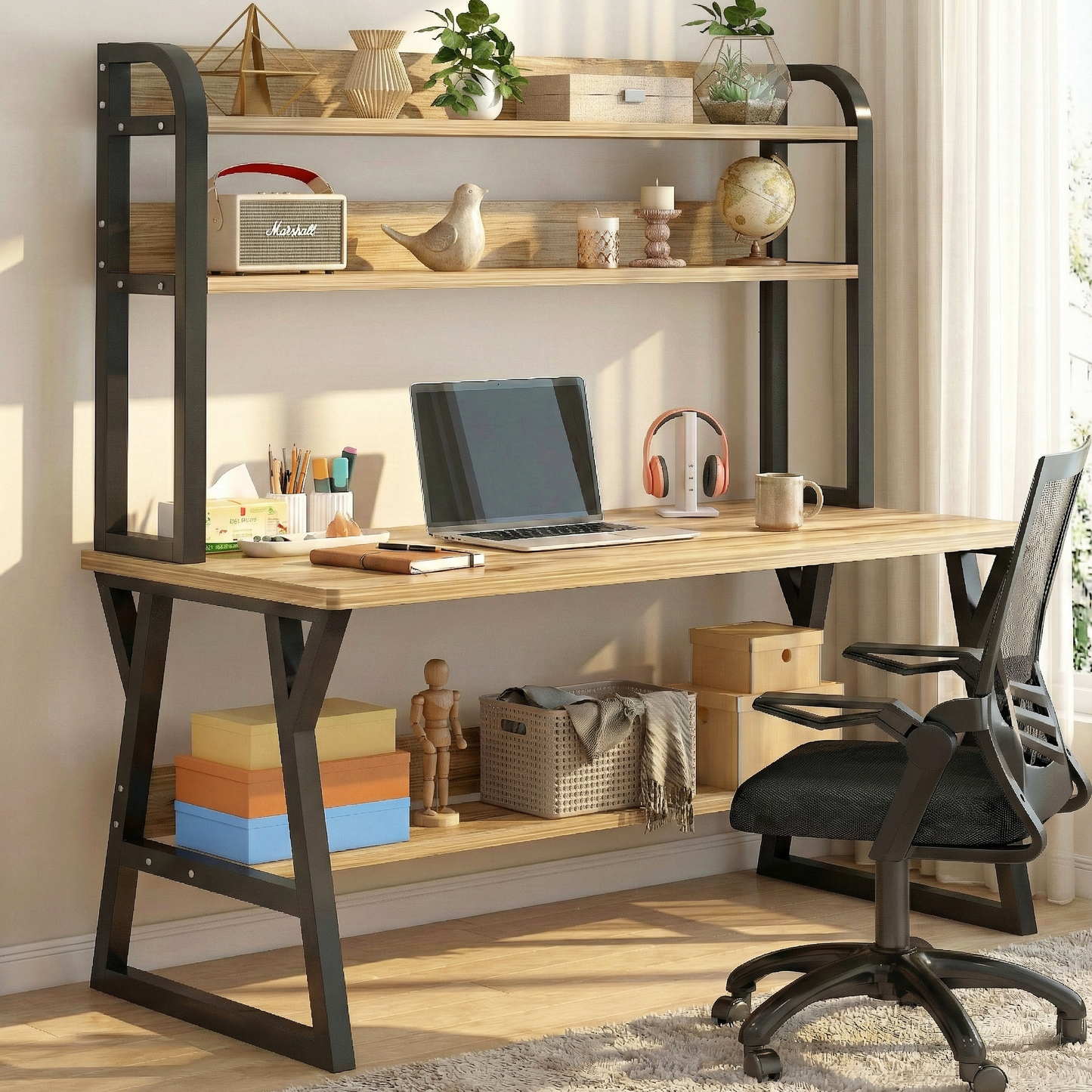 Aspire Large Industrial Office Computer Desk Workstation with Bookshelf (Oak)