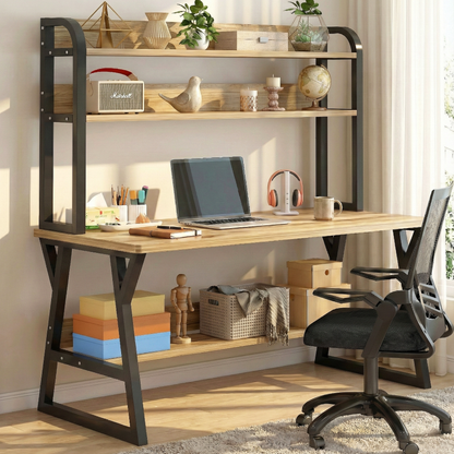 Aspire Large Industrial Office Computer Desk Workstation with Bookshelf (Oak)