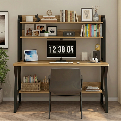 Aspire Large Industrial Office Computer Desk Workstation with Bookshelf (Oak)