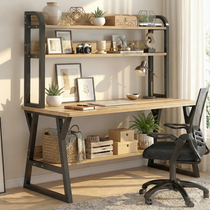 Aspire Large Industrial Office Computer Desk Workstation with Bookshelf (Oak)