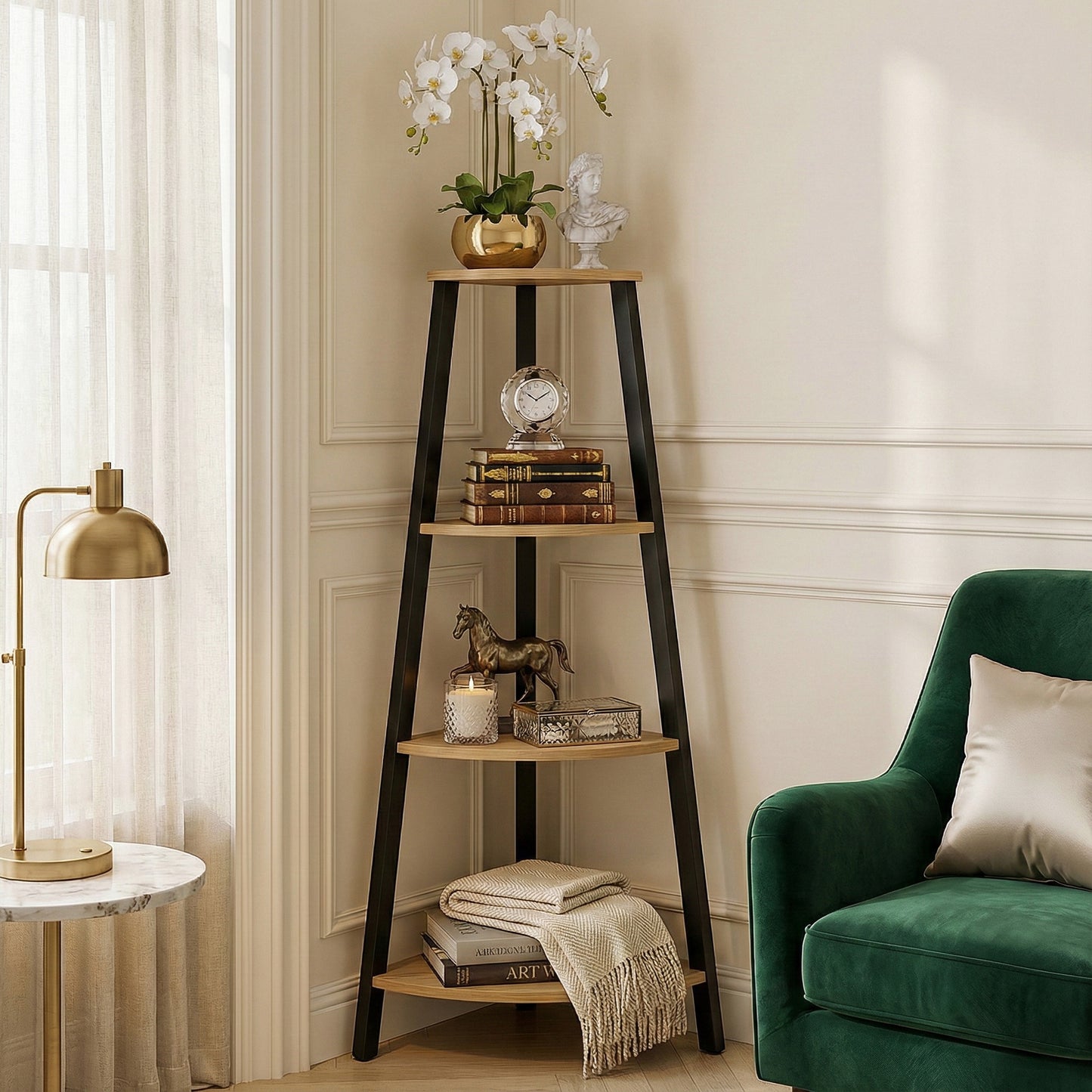 4-Tier Corner Ladder Shelf Unit Rustic Oak Wood & Steel Display Stand Storage Rack