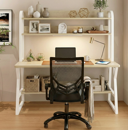 Aspire Large Industrial Office Computer Desk Workstation with Bookshelf (White Oak)