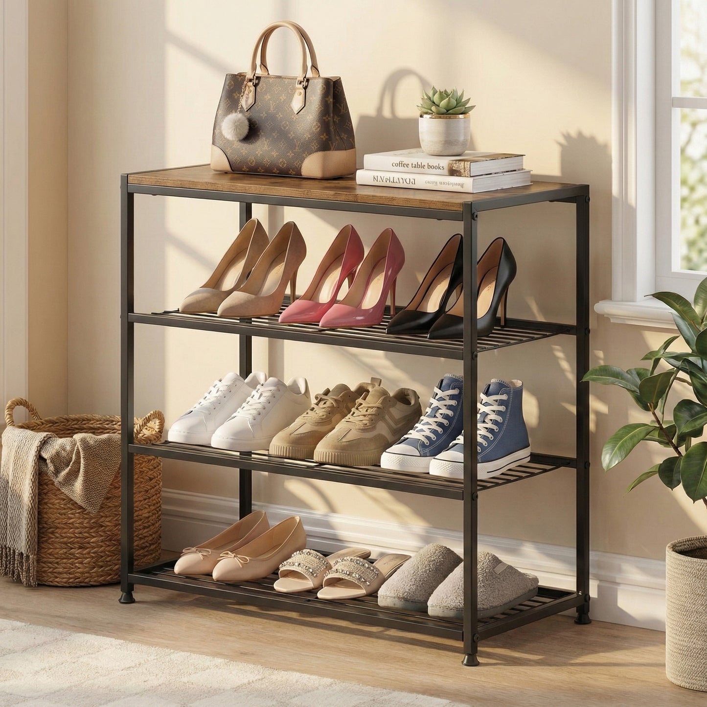 Vita 4-Tier Rustic Wood & Metal Shoe Rack Storage Shelf Organiser