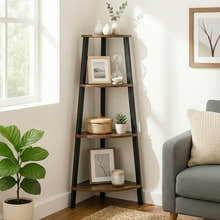 4-Tier Corner Ladder Shelf Unit Rustic Wood & Steel Display Stand Storage Rack